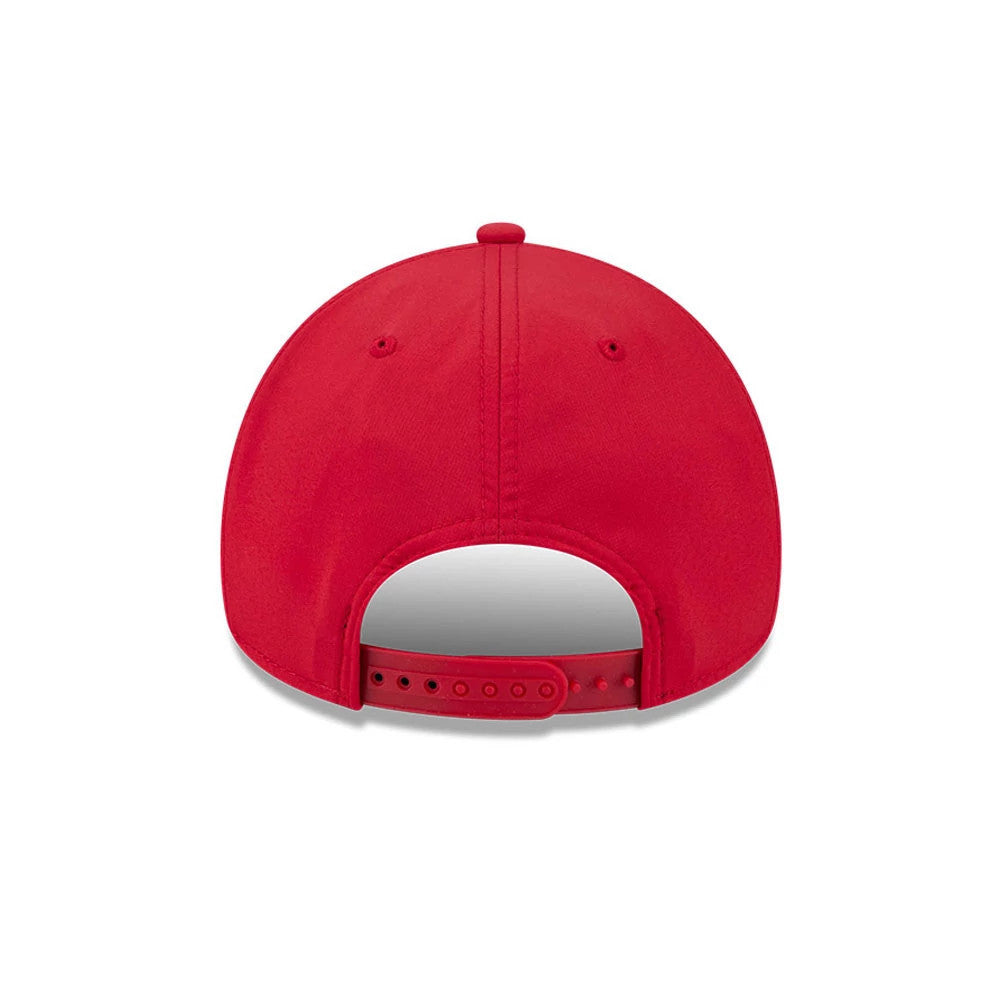 Washington Nationals MLB Quickstrike Red New Era 9FORTY Apex Adjustable Cap, rear view showing the red structured crown with matching eyelets and a red adjustable snap closure for a custom fit.