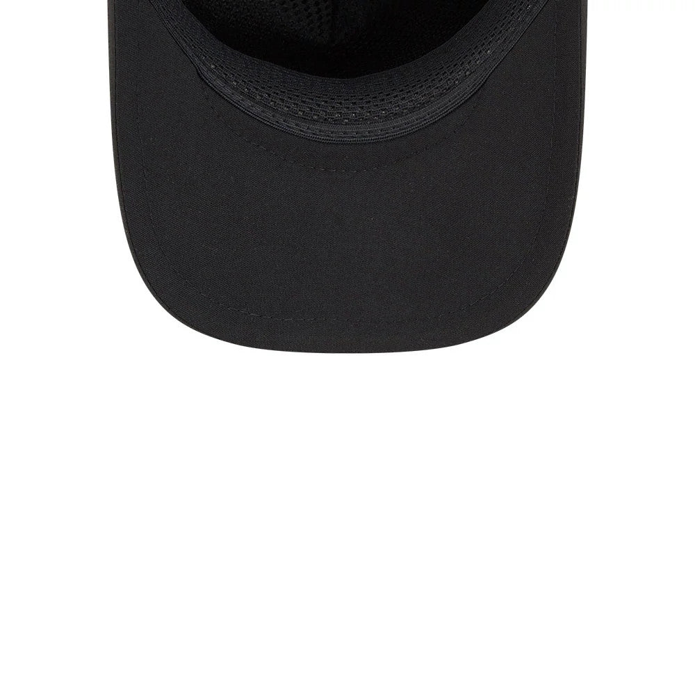 Yankees MLB Quickstrike Black on Black New Era 9FORTY Apex Adjustable Cap, inside view showing the black undervisor with a curved visor, black mesh lining enhancing interior texture, and stitching detail along the inner seam.