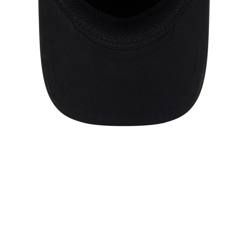 White Sox MLB Quickstrike Black on Black New Era 9FORTY Apex Adjustable Cap, inside view showing the black undervisor, black sweatband with stitching, and taping along the seams of the structured crown for added detail.