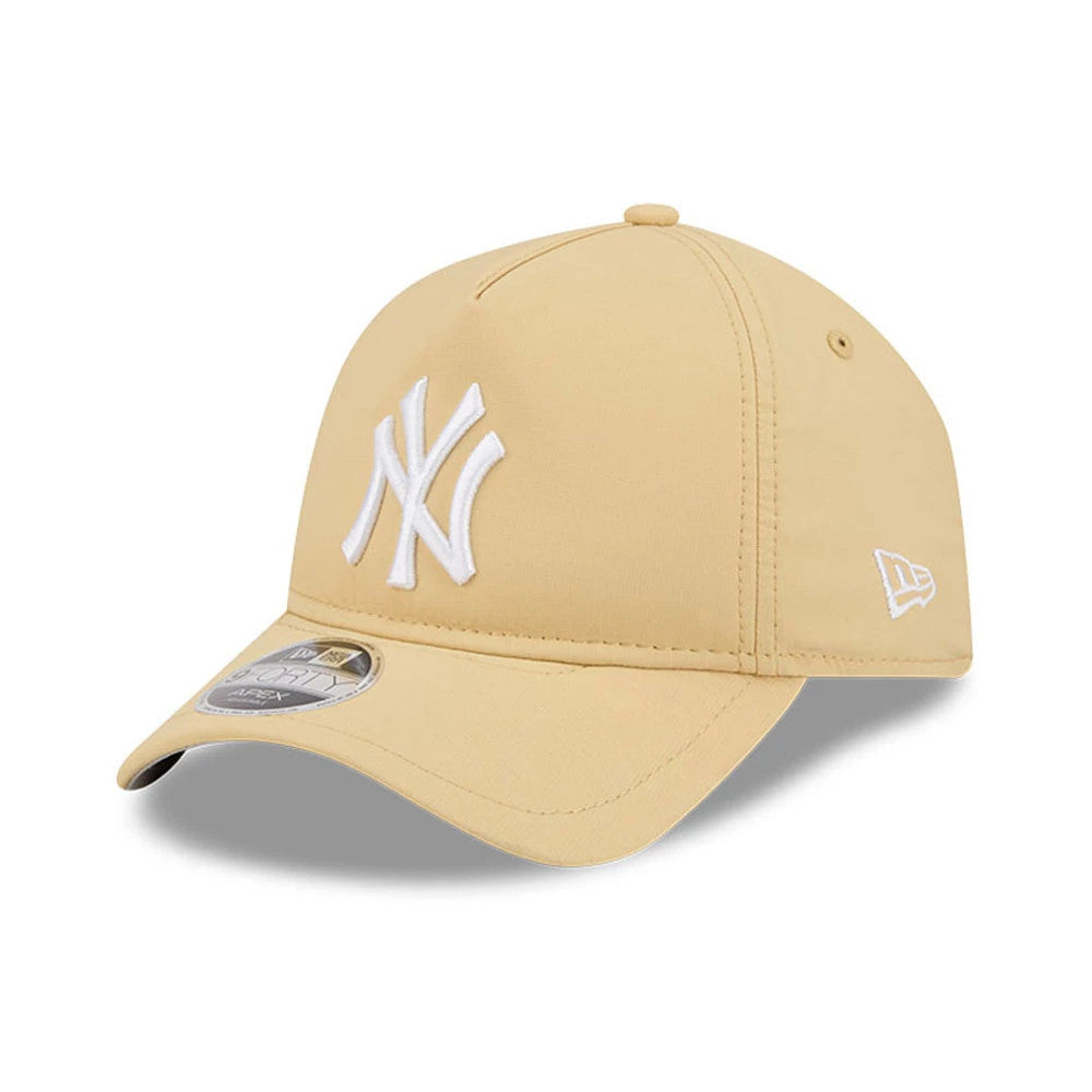 New York Yankees MLB Quickstrike Yellow New Era 9FORTY Apex Adjustable Cap, three-quarter view showing the raised white New York Yankees logo on the front panel, the matching yellow curved visor with a 9FORTY size sticker.