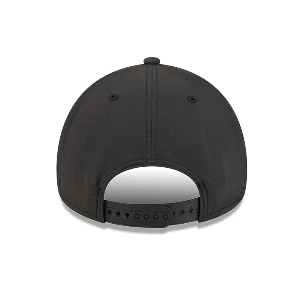 Pittsburgh Pirates MLB Quickstrike Black New Era 9FORTY Apex Adjustable Cap, rear view showing the absence of a back logo, black vented eyelets on the structured black crown, and an adjustable black strap with a series of holes for a customised fit.