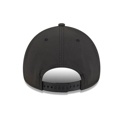 Pittsburgh Pirates MLB Quickstrike Black New Era 9FORTY Apex Adjustable Cap, rear view showing the absence of a back logo, black vented eyelets on the structured black crown, and an adjustable black strap with a series of holes for a customised fit.