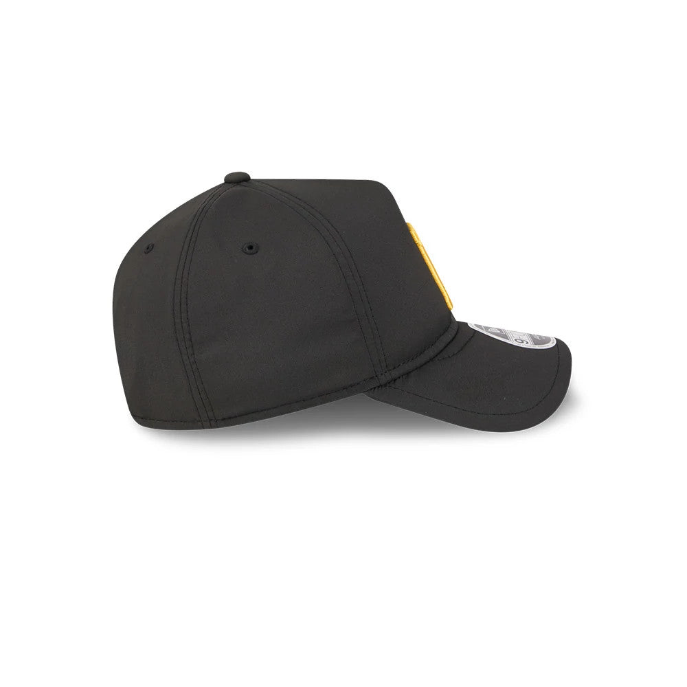 Pittsburgh Pirates MLB Quickstrike Black New Era 9FORTY Apex Adjustable Cap, side view showing the structured shape of the black crown, the curved visor with a 9FORTY size sticker, and a glimpse of the embroidered yellow front logo.