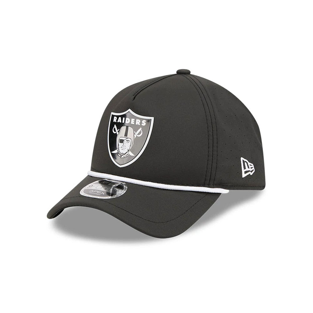 Las Vegas Raiders NFL Quickstrike Black New Era 9FORTY Apex Adjustable Cap, front view showing the raised black and white Raiders shield logo embroidered on the front panel, curved black visor, and 9FORTY size sticker on the visor.