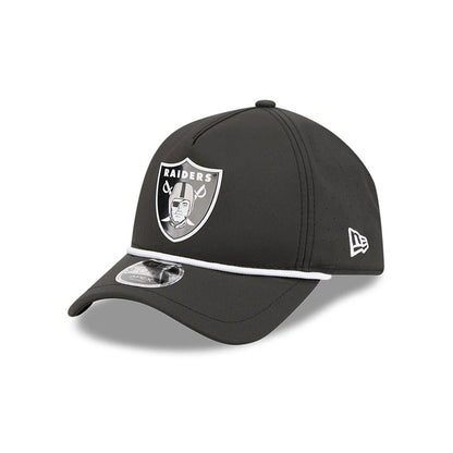 Las Vegas Raiders NFL Quickstrike Black New Era 9FORTY Apex Adjustable Cap, front view showing the raised black and white Raiders shield logo embroidered on the front panel, curved black visor, and 9FORTY size sticker on the visor.