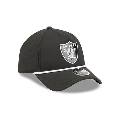 Las Vegas Raiders NFL Quickstrike Black New Era 9FORTY Apex Adjustable Cap, three-quarter view showing a raised embroidered Raiders logo on the front panel, a black curved visor with a 9FORTY size sticker, and a white accent band above the visor.