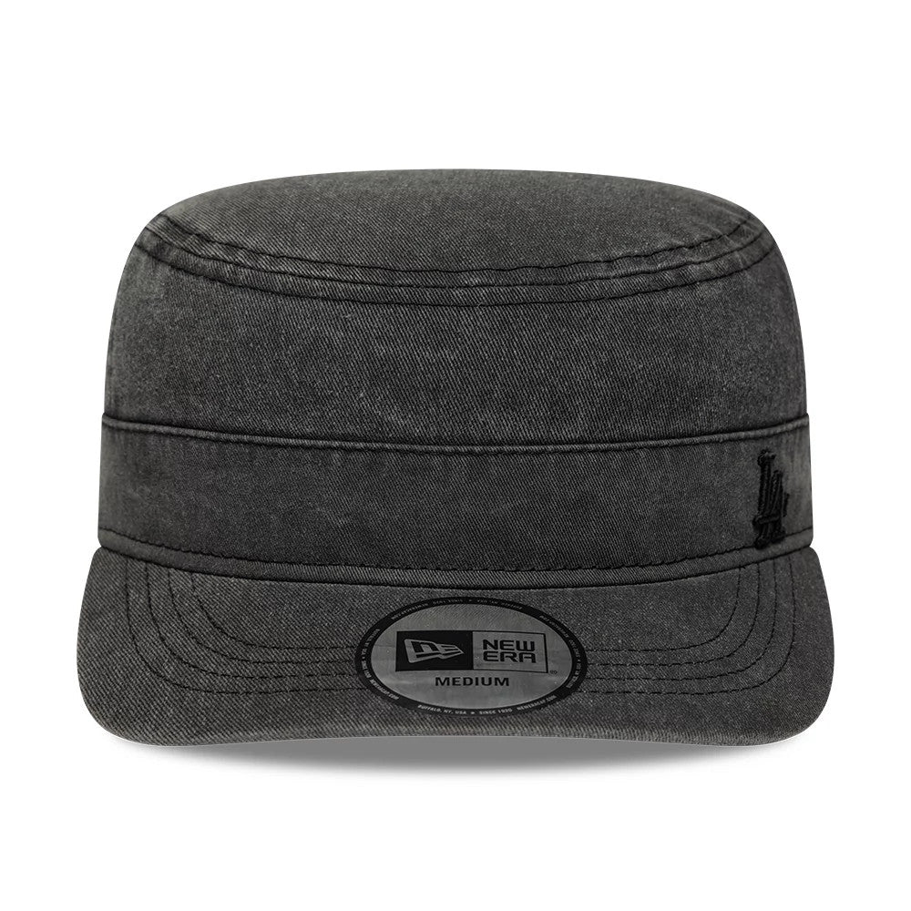 New Era LA Dodgers MLB Military Quickstrike Black Military Cap, front view showing the black LA logo embroidered on the right front panel, with a curved black visor and a New Era Medium size sticker on the visor.