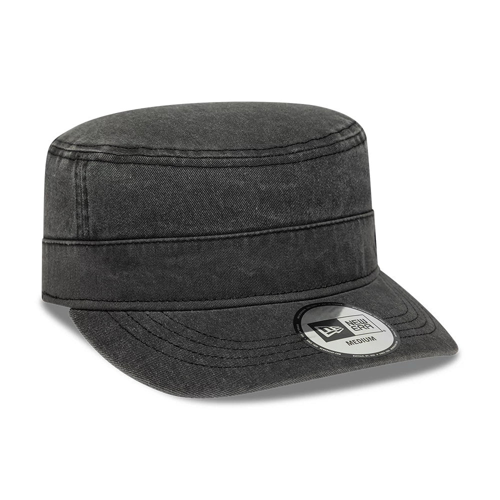 New Era LA Dodgers MLB Military Quickstrike Black Military Cap, three-quarter view showing the structured black crown with a flat top, a short curved visor with a New Era size sticker, and distinct panel stitching across the cap.
