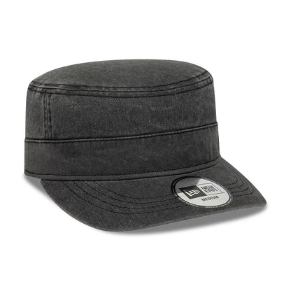 New Era LA Dodgers MLB Military Quickstrike Black Military Cap, three-quarter view showing the structured black crown with a flat top, a short curved visor with a New Era size sticker, and distinct panel stitching across the cap.