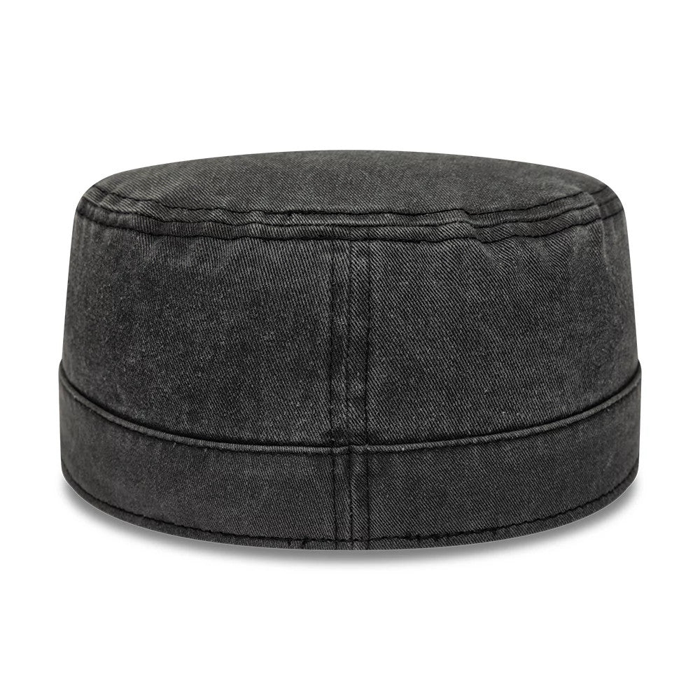 New Era LA Dodgers MLB Military Quickstrike Black Military Cap, rear view showing the seamless crown construction in faded black fabric, with a circular top and a narrow folded visor that adds a design element.