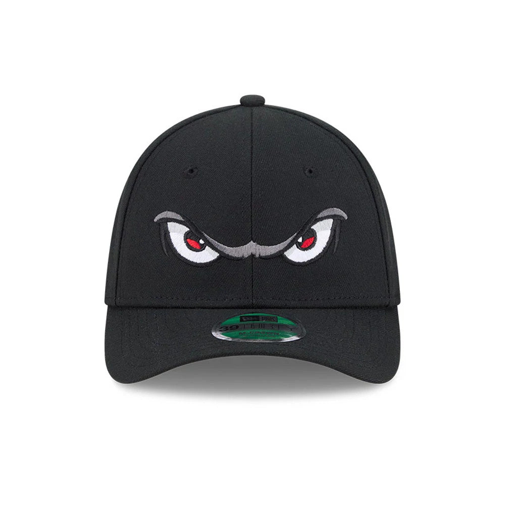 Pictured is this MiLB On Field Player Replica Lake Elsinore Storm 39THIRTY M-Crown Stretch Fit cap in Black. 3