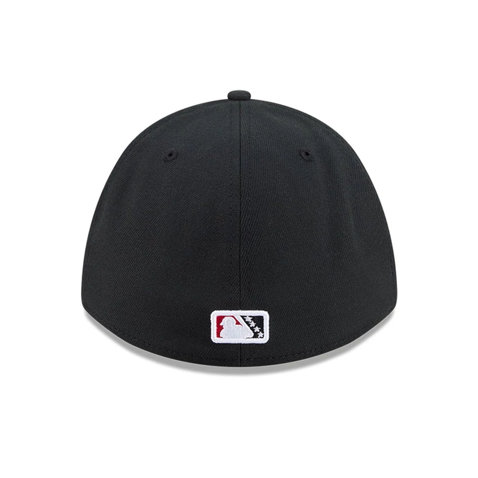 Pictured is this MiLB On Field Player Replica Lake Elsinore Storm 39THIRTY M-Crown Stretch Fit cap in Black. 7