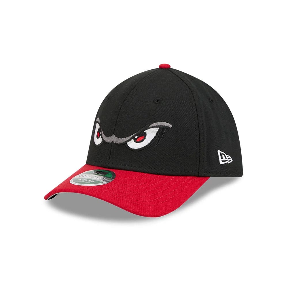 Pictured is this MiLB On Field Player Replica Lake Elsinore Storm 39THIRTY M-Crown Stretch Fit cap in Black. 1
