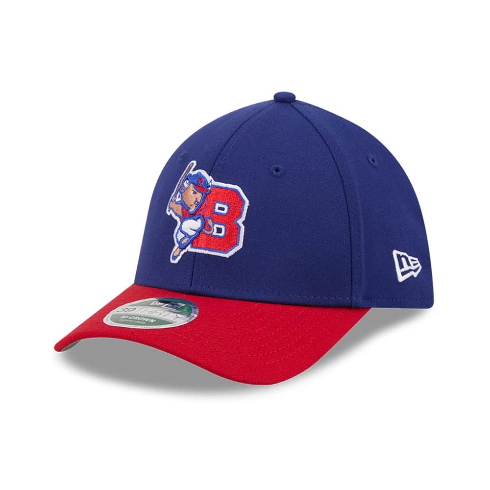 Pictured is this MiLB On Field Player Replica Buffalo Bisons 39THIRTY M-Crown Stretch Fit cap in Dark Blue. 1