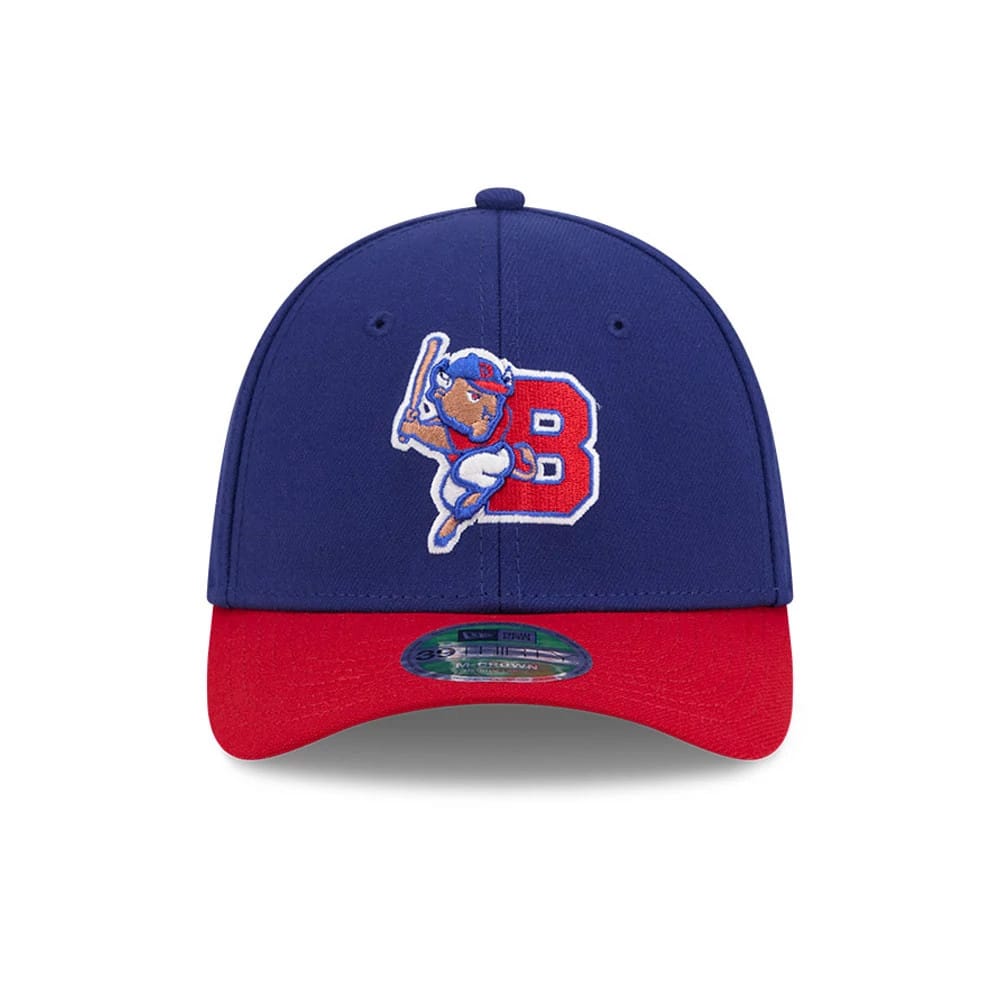 Pictured is this MiLB On Field Player Replica Buffalo Bisons 39THIRTY M-Crown Stretch Fit cap in Dark Blue. 3