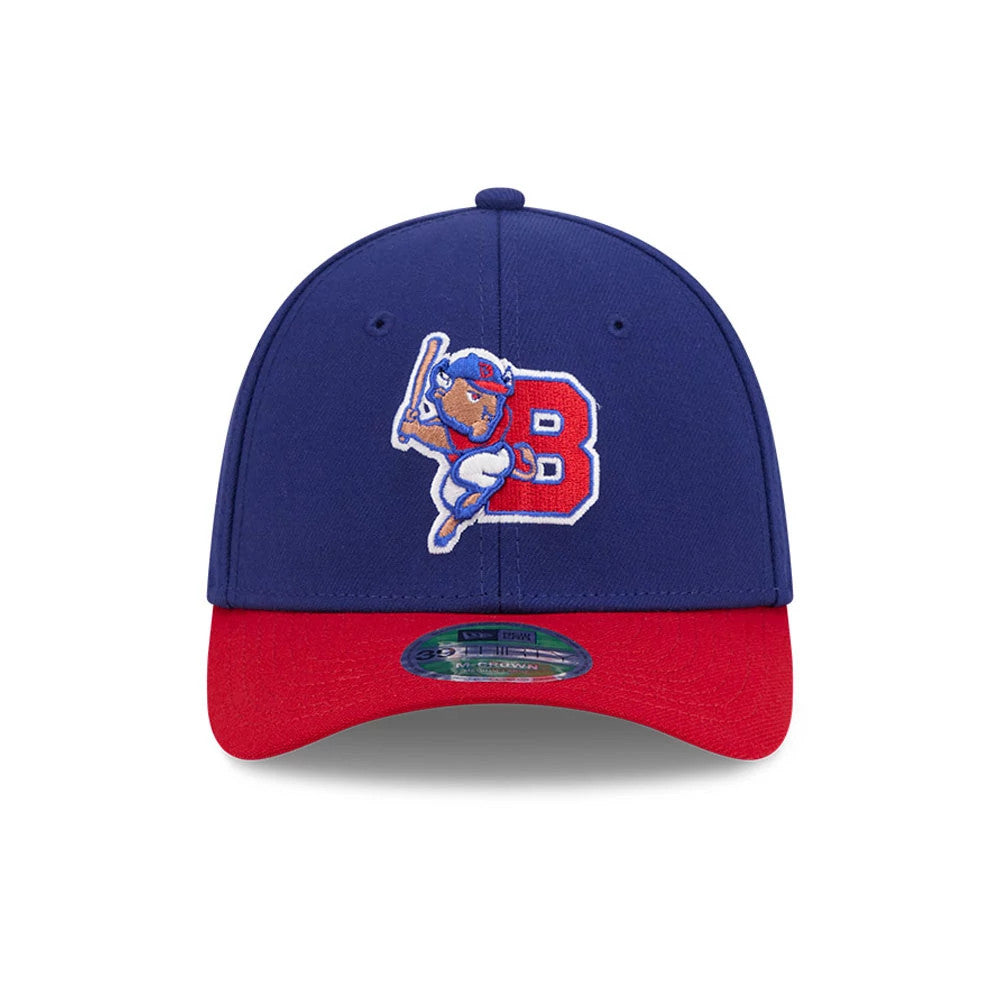 Pictured is this MiLB On Field Player Replica Buffalo Bisons 39THIRTY M-Crown Stretch Fit cap in Dark Blue. 3