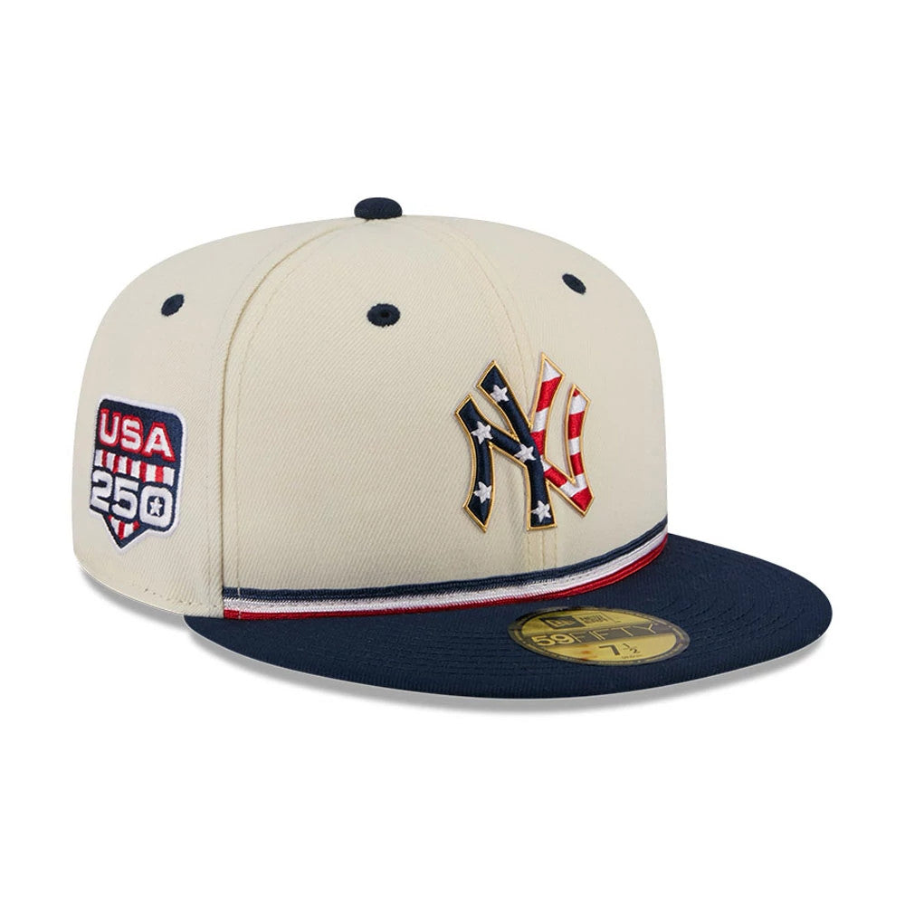Pictured is this MLB 4th Of July 2026 New York Yankees 59FIFTY Fitted cap in cream. 1