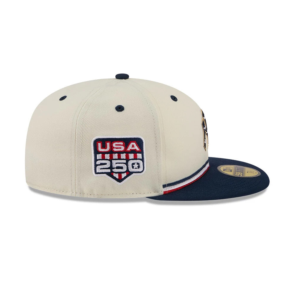 Pictured is this MLB 4th Of July 2026 New York Yankees 59FIFTY Fitted cap in cream. 4