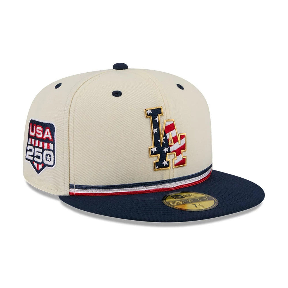 Pictured is this MLB 4th Of July 2026 LA Dodgers 59FIFTY Fitted cap in cream. 1