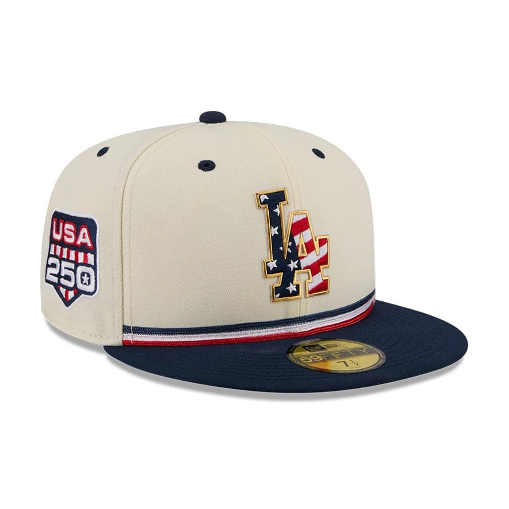 Pictured is this MLB 4th Of July 2026 LA Dodgers 59FIFTY Fitted cap in cream. 1