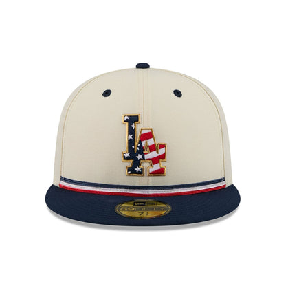 Pictured is this MLB 4th Of July 2026 LA Dodgers 59FIFTY Fitted cap in cream. 2
