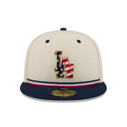 Pictured is this MLB 4th Of July 2026 LA Dodgers 59FIFTY Fitted cap in cream. 2