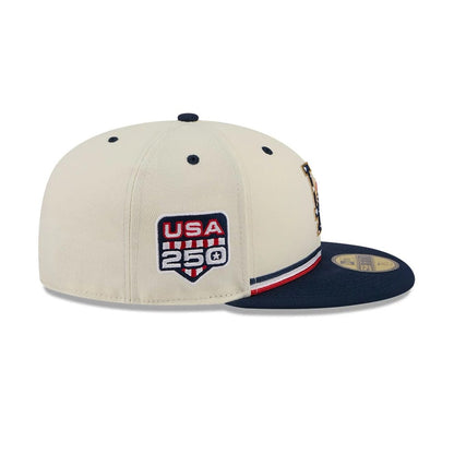 Pictured is this MLB 4th Of July 2026 LA Dodgers 59FIFTY Fitted cap in cream. 4
