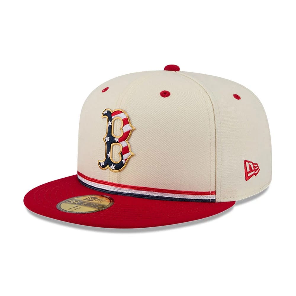 Pictured is this MLB 4th Of July 2026 Boston Red Sox 59FIFTY Fitted cap in red. 4