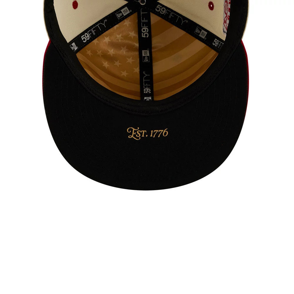 Pictured is this MLB 4th Of July 2026 Boston Red Sox 59FIFTY Fitted cap in red. 2