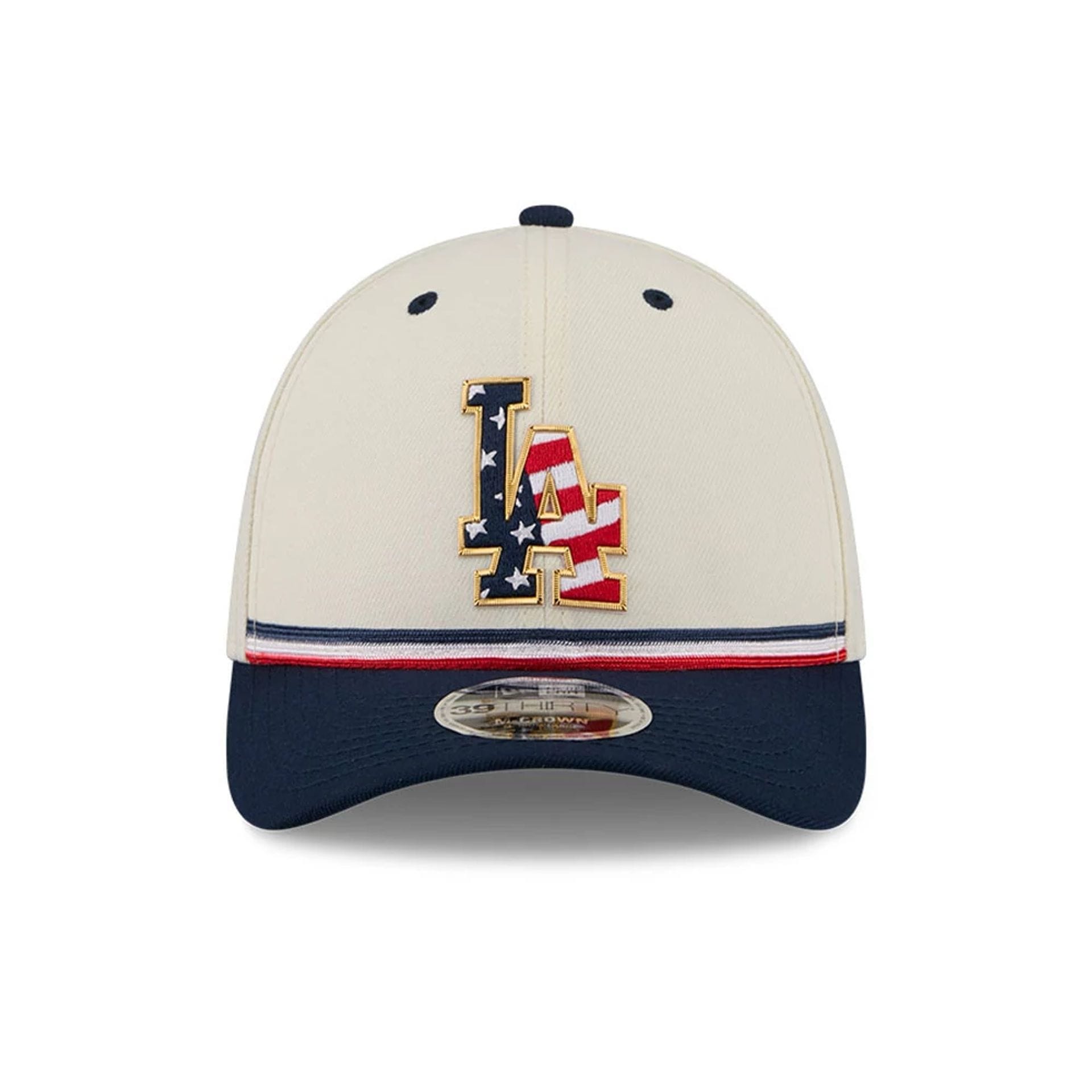 Pictured is this MLB 4th Of July 2026 LA Dodgers 39THIRTY M-Crown Stretch Fit cap in cream. 2