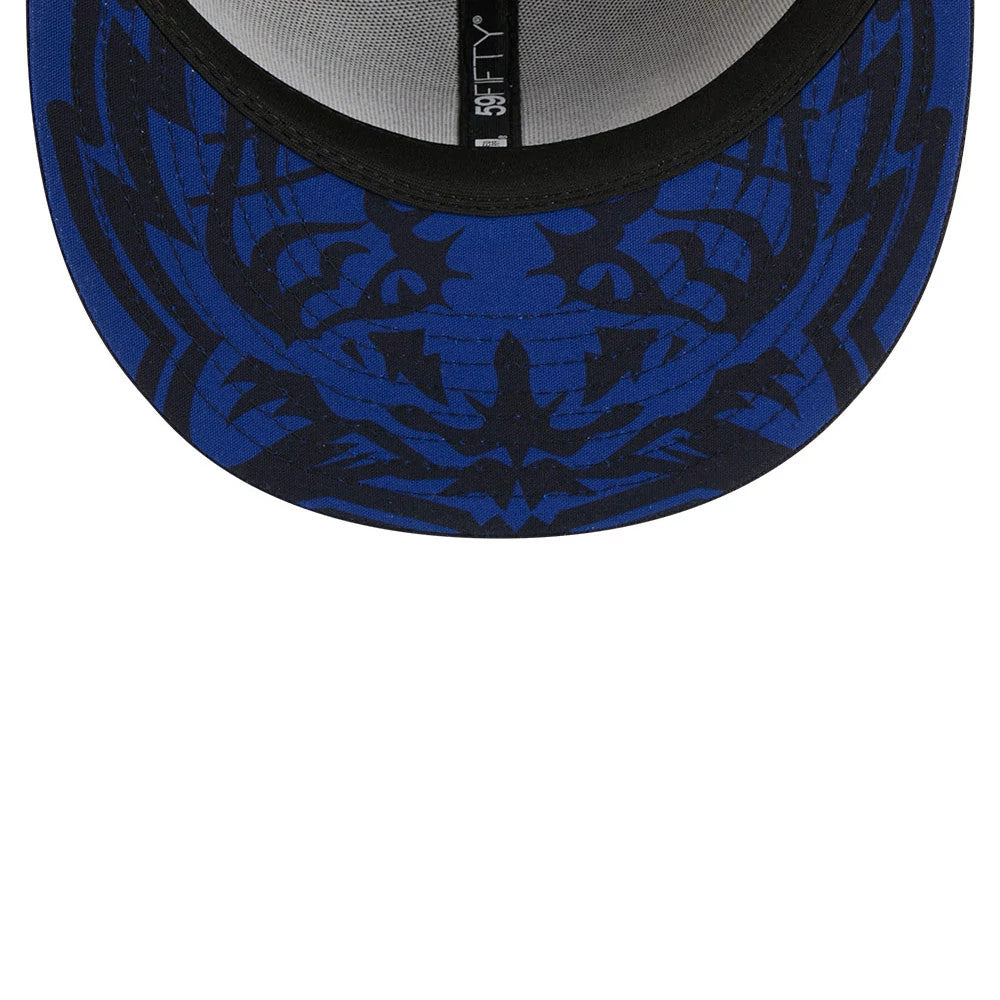 Detroit Tigers MLB City Connect Black New Era 59FIFTY Fitted Cap, inside view showing a blue and black graphic design on the undervisor, complemented by a black sweatband and black 59FIFTY taping along the seam for a contrast.