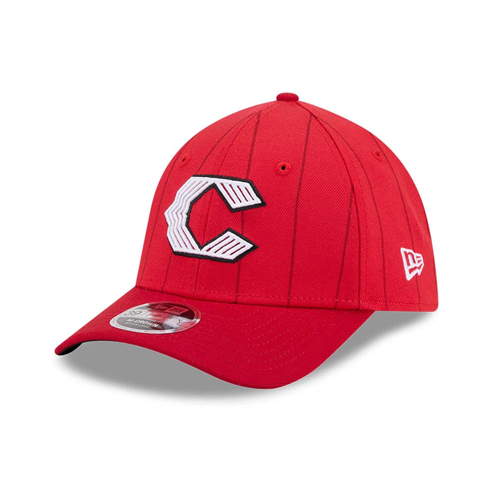 Pictured is this MLB City Connect Cincinnati Reds 39THIRTY M-Crown Stretch Fit cap in Red. 1