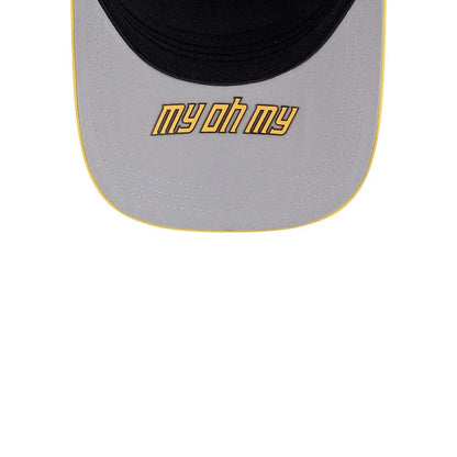 Mariners MLB City Connect Black New Era 39THIRTY M-Crown A-Frame Stretch Fit Cap, underside view showing a light grey undervisor with my oh my lettering in yellow and black, outlined with a contrasting yellow trim along the edge.