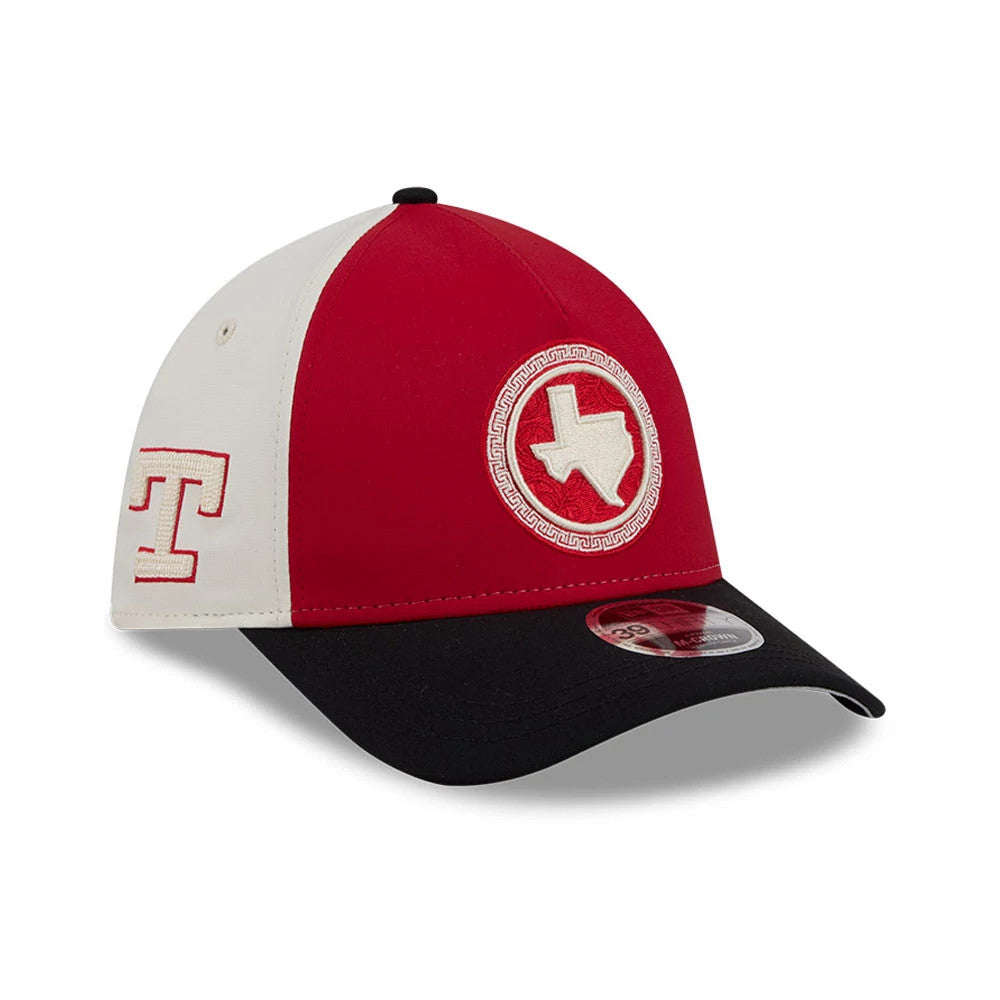 Pictured is this MLB City Connect Texas Rangers 39THIRTY M-Crown A-Frame Stretch Fit cap in red. 1