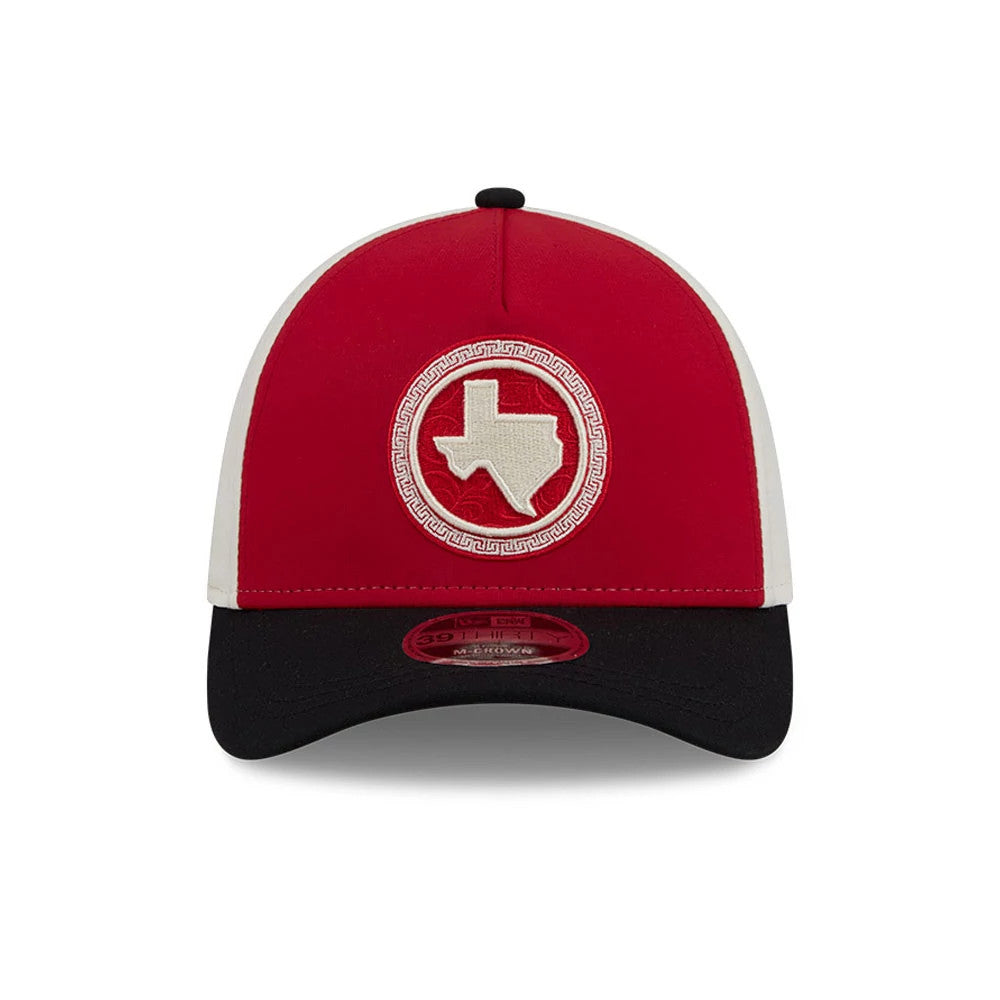Pictured is this MLB City Connect Texas Rangers 39THIRTY M-Crown A-Frame Stretch Fit cap in red. 3