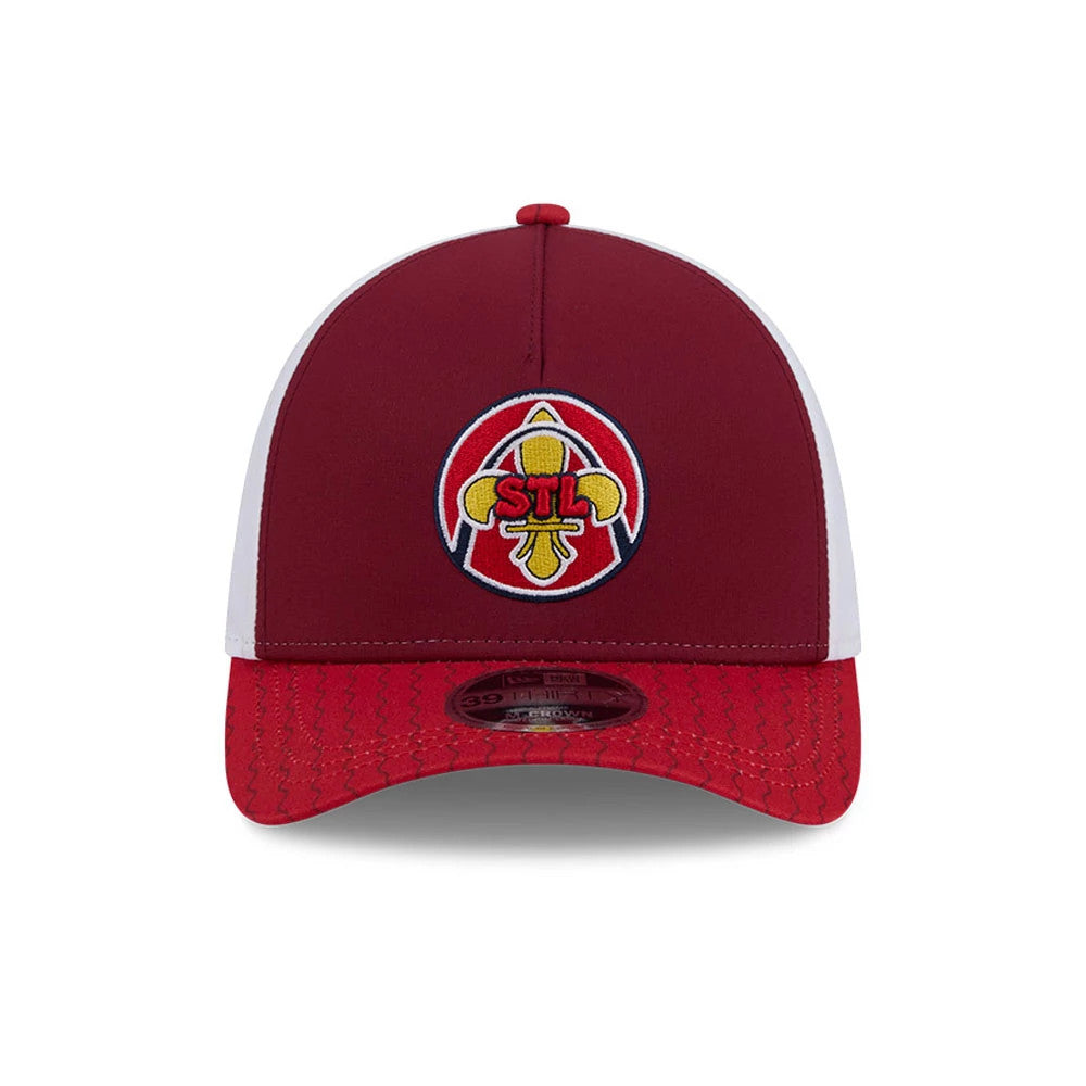 Pictured is this MLB City Connect St. Louis Cardinals 39THIRTY M-Crown A-Frame Stretch Fit cap in red. 3