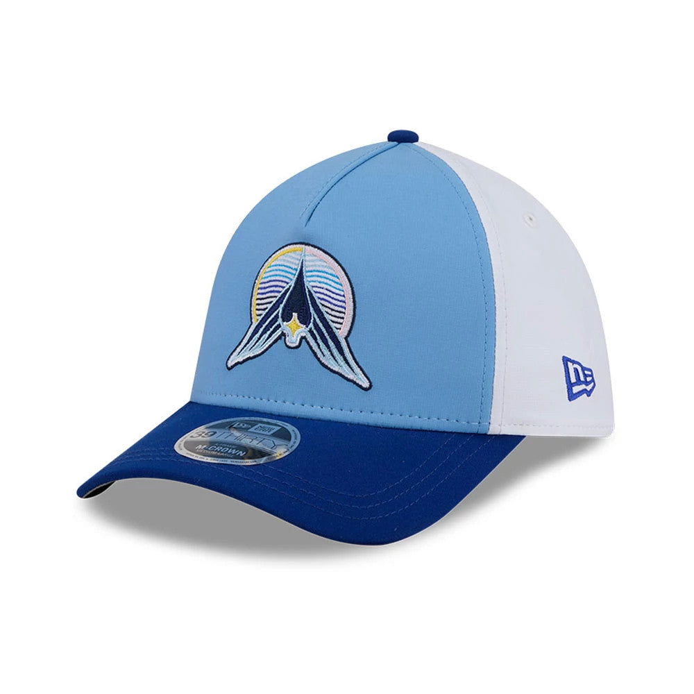 Pictured is this MLB City Connect Minnesota Twins 39THIRTY M-Crown A-Frame Stretch Fit cap in blue. 4