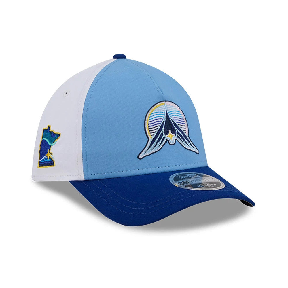 Pictured is this MLB City Connect Minnesota Twins 39THIRTY M-Crown A-Frame Stretch Fit cap in blue. 1