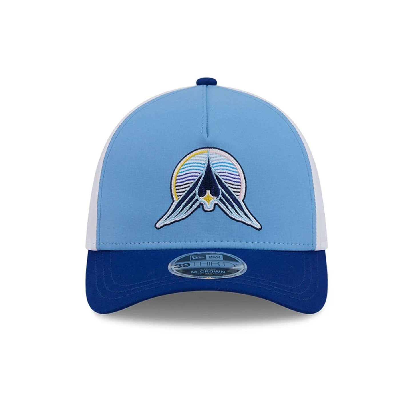 Pictured is this MLB City Connect Minnesota Twins 39THIRTY M-Crown A-Frame Stretch Fit cap in blue. 3