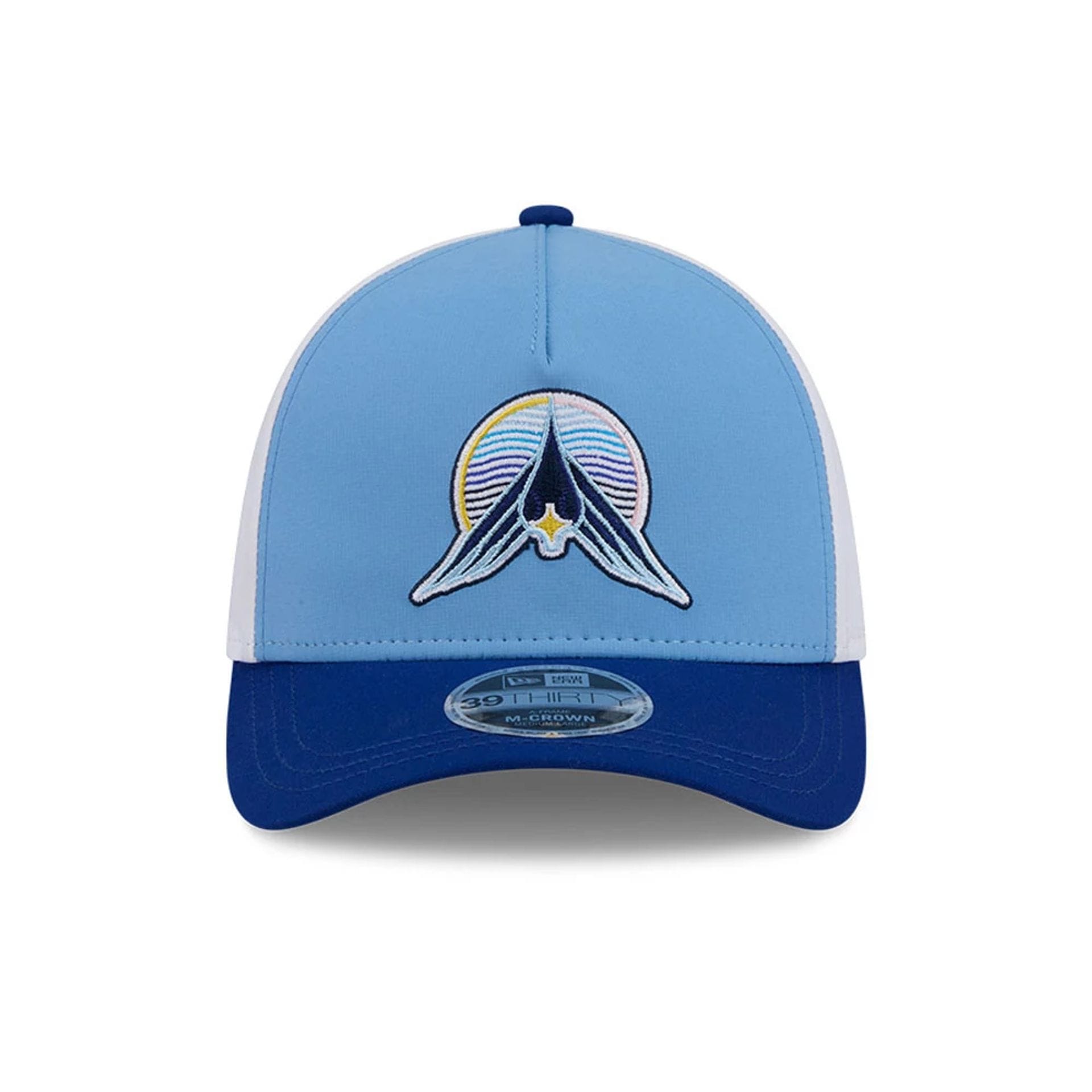 Pictured is this MLB City Connect Minnesota Twins 39THIRTY M-Crown A-Frame Stretch Fit cap in blue. 3