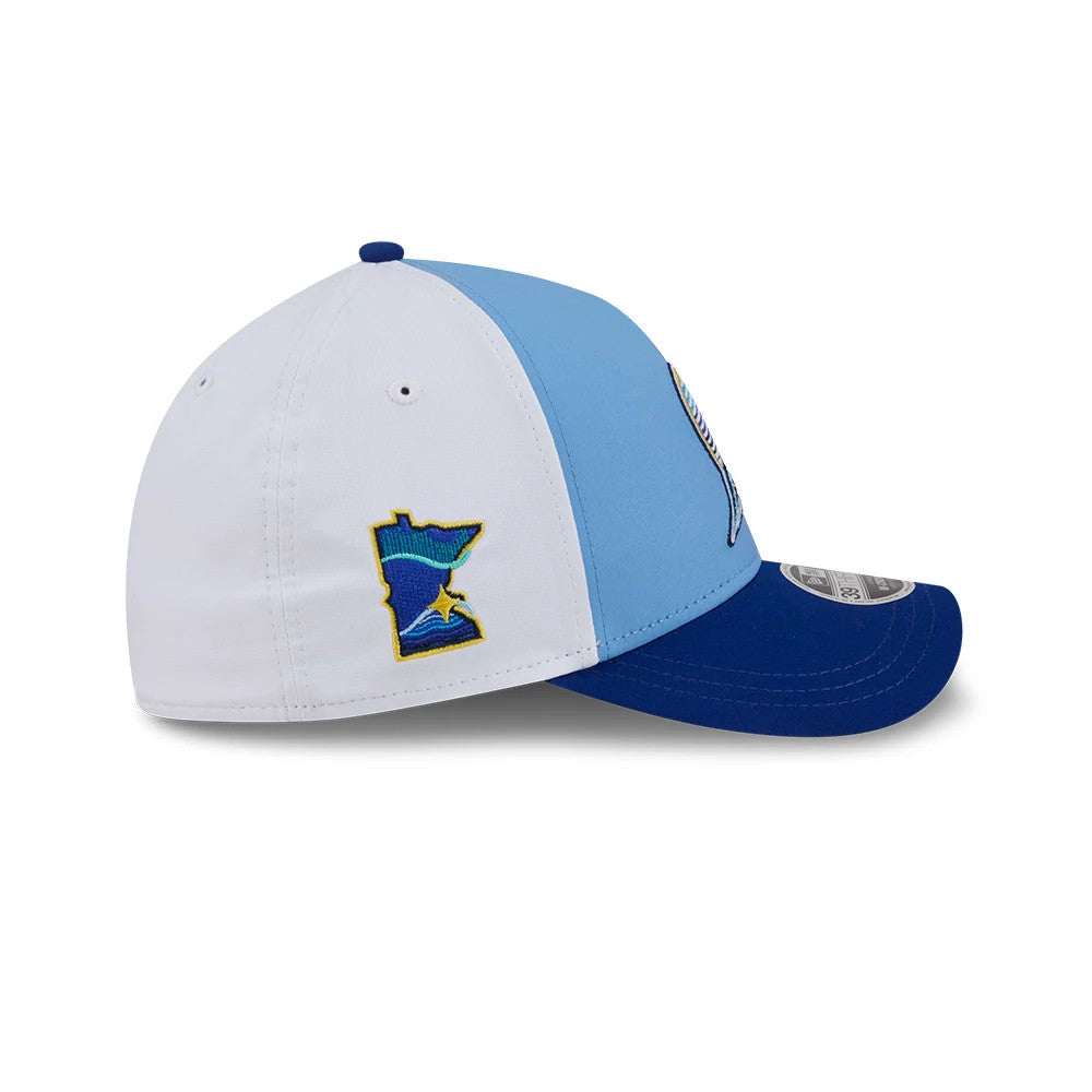 Pictured is this MLB City Connect Minnesota Twins 39THIRTY M-Crown A-Frame Stretch Fit cap in blue. 5