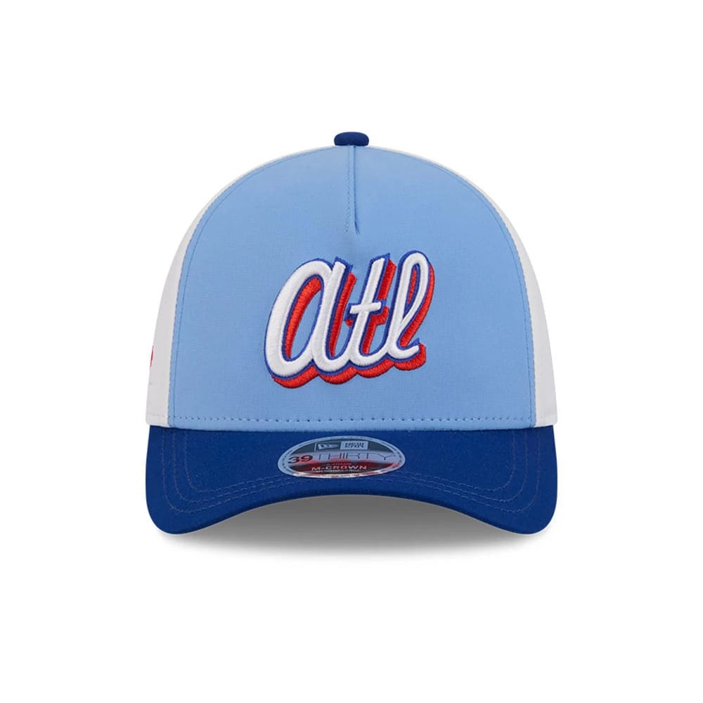 Pictured is this MLB City Connect Atlanta Braves 39THIRTY M-Crown A-Frame Stretch Fit cap in Blue. 3
