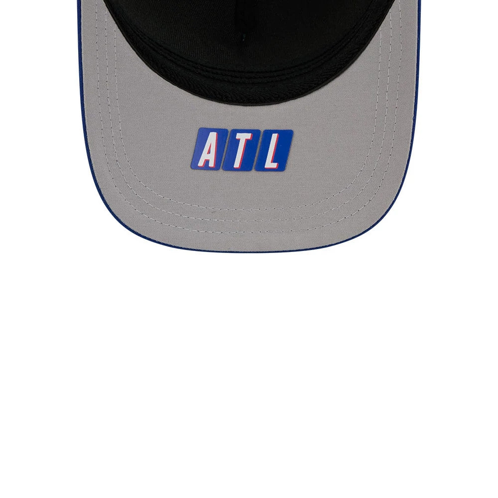 Braves MLB City Connect Blue New Era 39THIRTY M-Crown A-Frame Stretch Fit Cap, top view showing a grey visor with ATL in raised white and blue embroidery, contrasting stitches, and a curved black visor above.