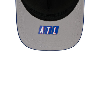 Braves MLB City Connect Blue New Era 39THIRTY M-Crown A-Frame Stretch Fit Cap, top view showing a grey visor with ATL in raised white and blue embroidery, contrasting stitches, and a curved black visor above.