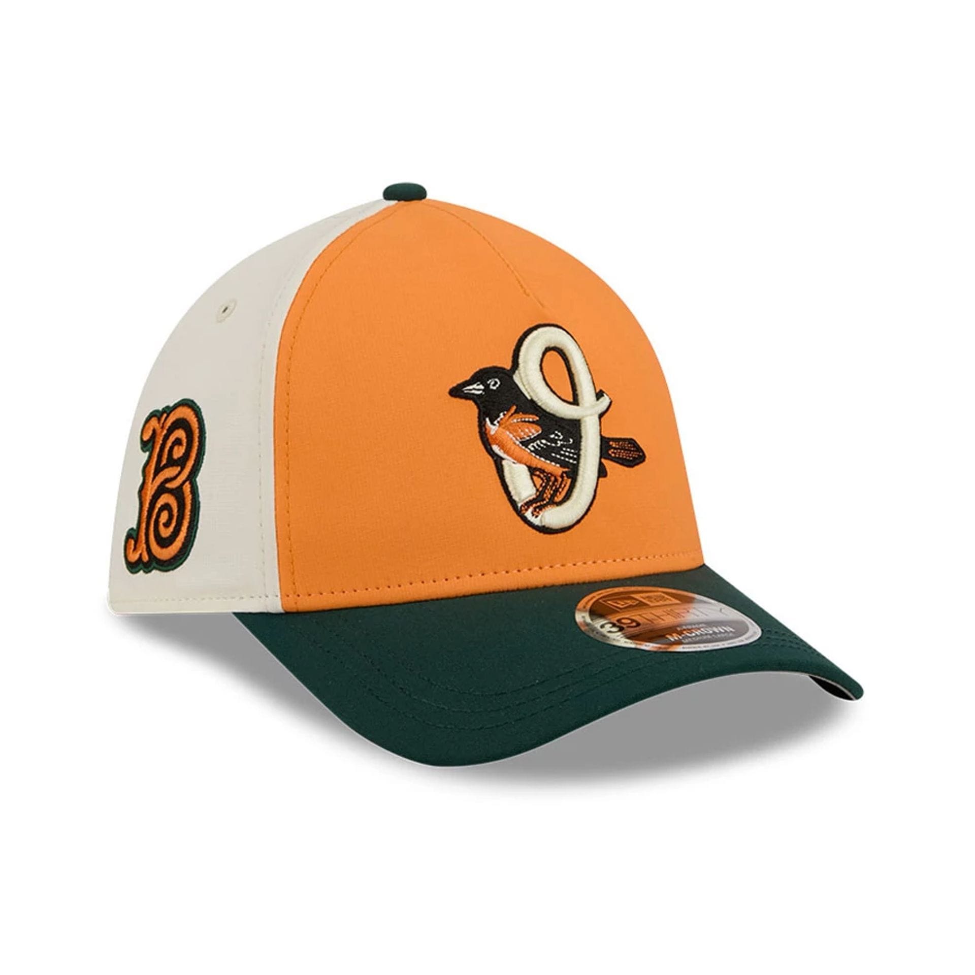 Pictured is this MLB City Connect Baltimore Orioles 39THIRTY M-Crown A-Frame Stretch Fit cap in Orange. 1
