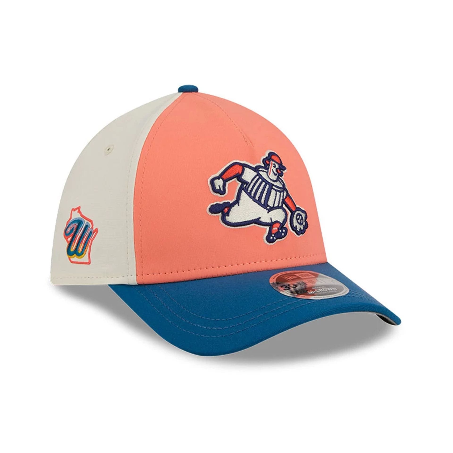 Pictured is this MLB City Connect Milwaukee Brewers 39THIRTY M-Crown A-Frame Stretch Fit cap in peach. 1