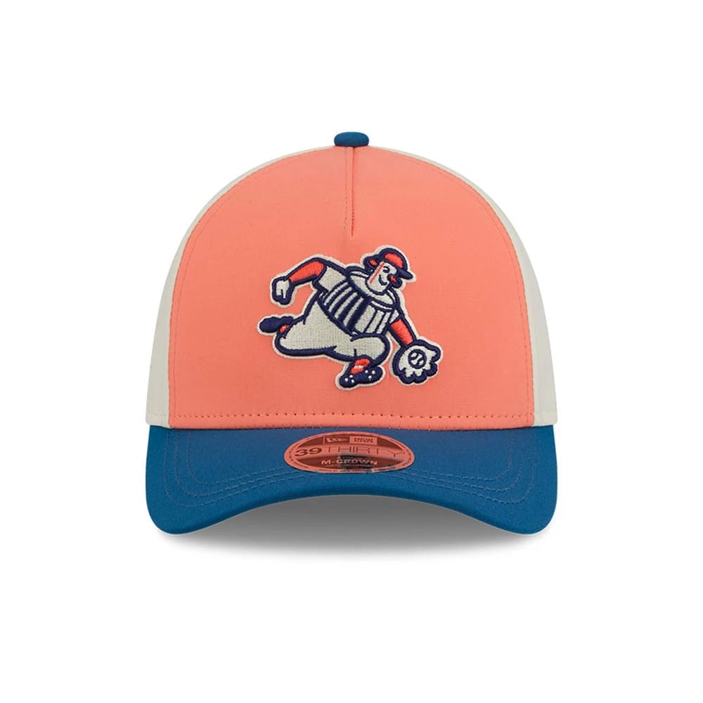 Pictured is this MLB City Connect Milwaukee Brewers 39THIRTY M-Crown A-Frame Stretch Fit cap in peach. 3