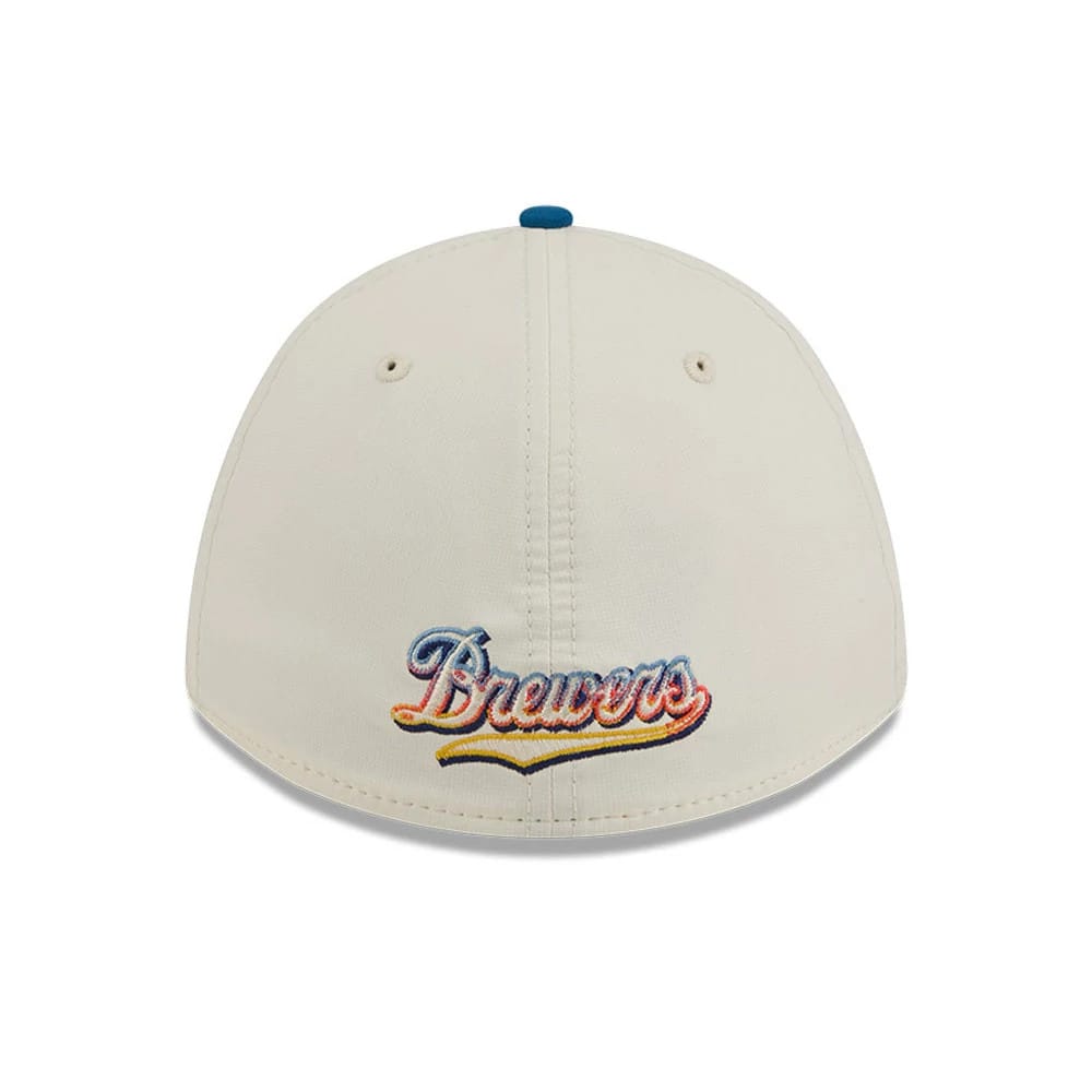 Pictured is this MLB City Connect Milwaukee Brewers 39THIRTY M-Crown A-Frame Stretch Fit cap in peach. 5