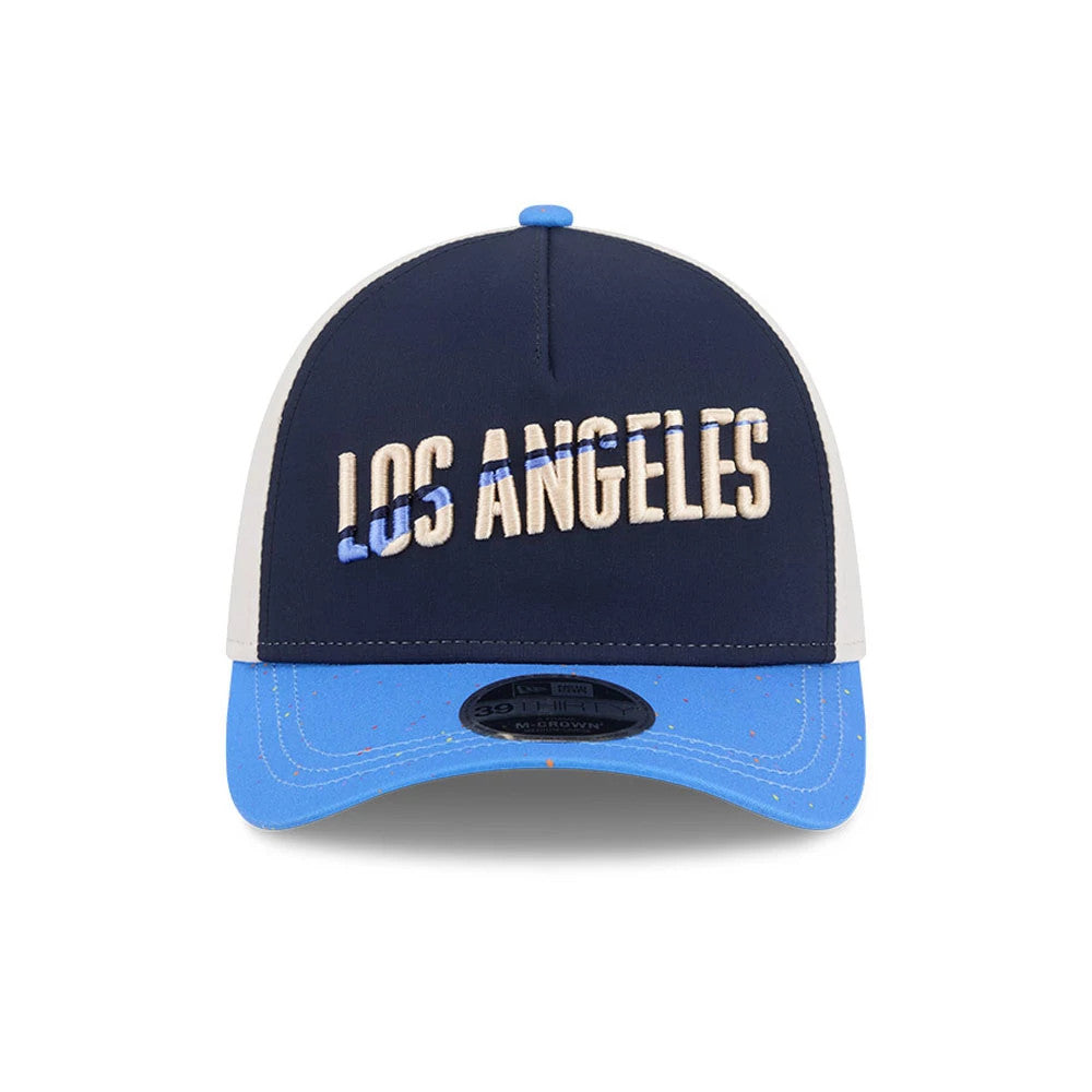 Pictured is this MLB City Connect LA Dodgers 39THIRTY M-Crown A-Frame Stretch Fit cap in navy. 3