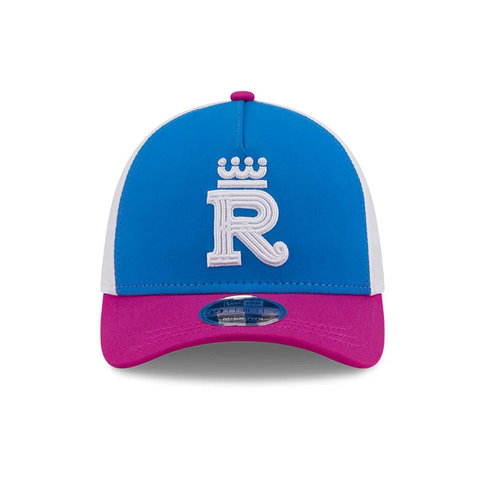 Pictured is this MLB City Connect Kansas City Royals 39THIRTY M-Crown A-Frame Stretch Fit cap in Blue. 3